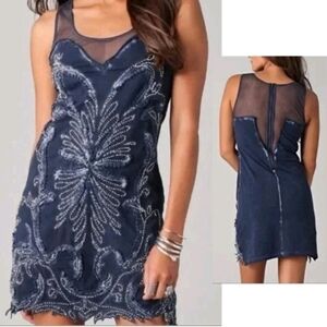 Free People Womens Dress Size M Ice Ice Baby Navy Blue Beaded Mini 